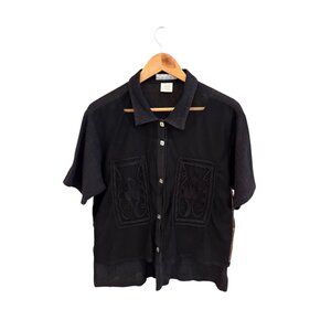 Vintage Nino Wong California Black Embroidered Cotton Shirt Top Boho Artwear Lar